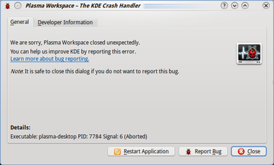 KDE 4.3+ Crash Handler dialog