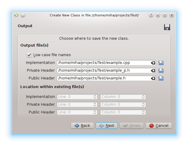 KDevelop template output files dialog